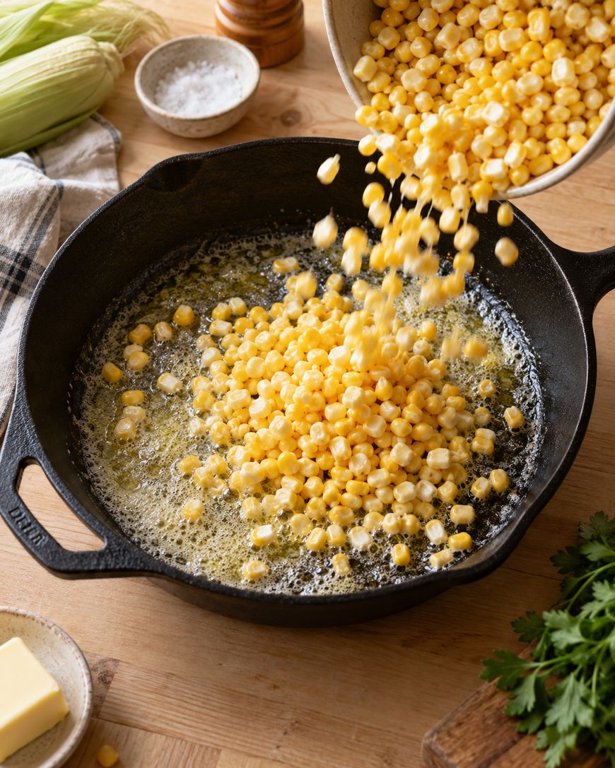 Corn kernels are being poured from a bowl into a cast iron skillet with melted butter. Fresh corn, herbs, and salt are on the wooden table nearby.