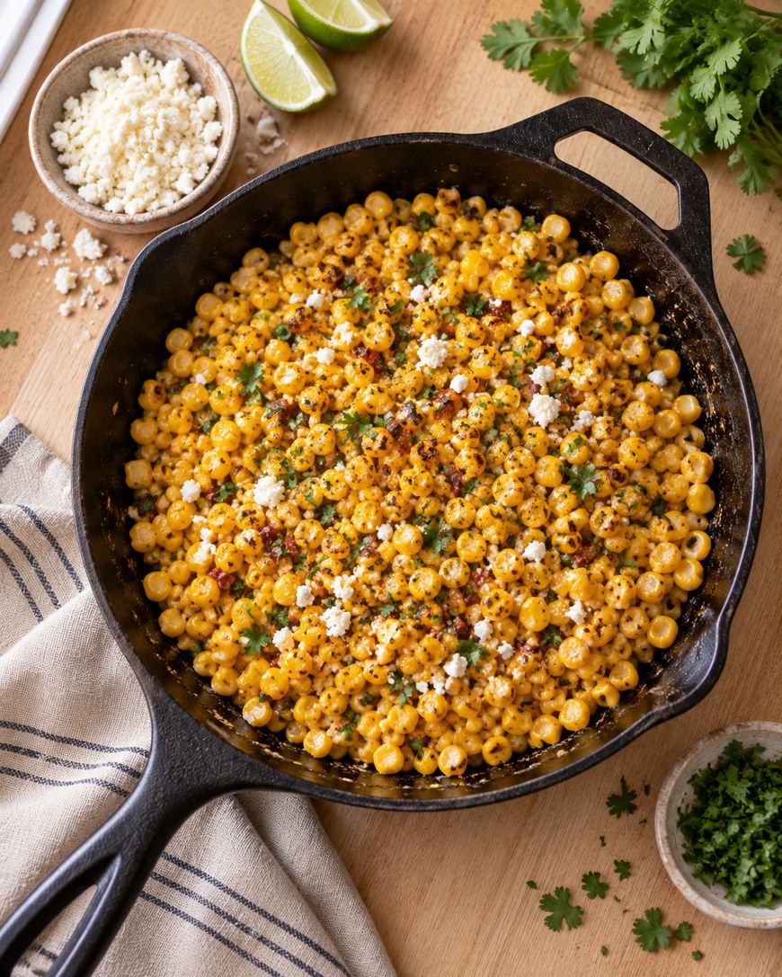 A skillet filled with creamy Mexican street corn pasta, topped with crumbled cheese and herbs, sits on a wooden table beside lime wedges, cilantro, and extra cheese.