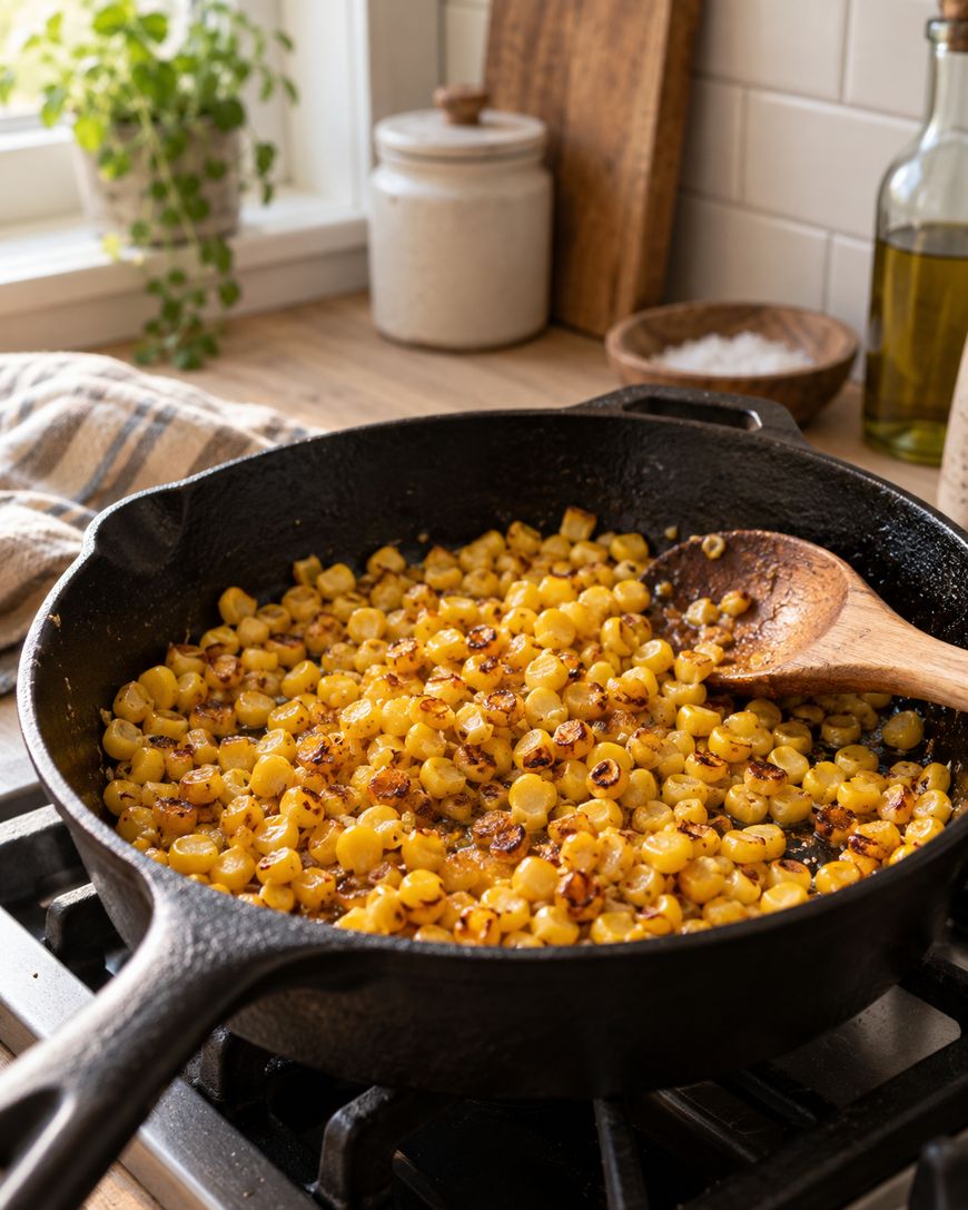 A cast iron skillet on a stove contains cooked corn being stirred with a wooden spoon. Kitchen items, a plant, and light from a window are visible in the background.