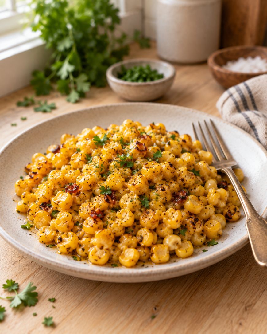 A plate of seasoned, roasted corn garnished with chopped herbs sits on a table next to a fork, a striped napkin, and small bowls of salt and green herbs. Sunlight shines through a window in the background.