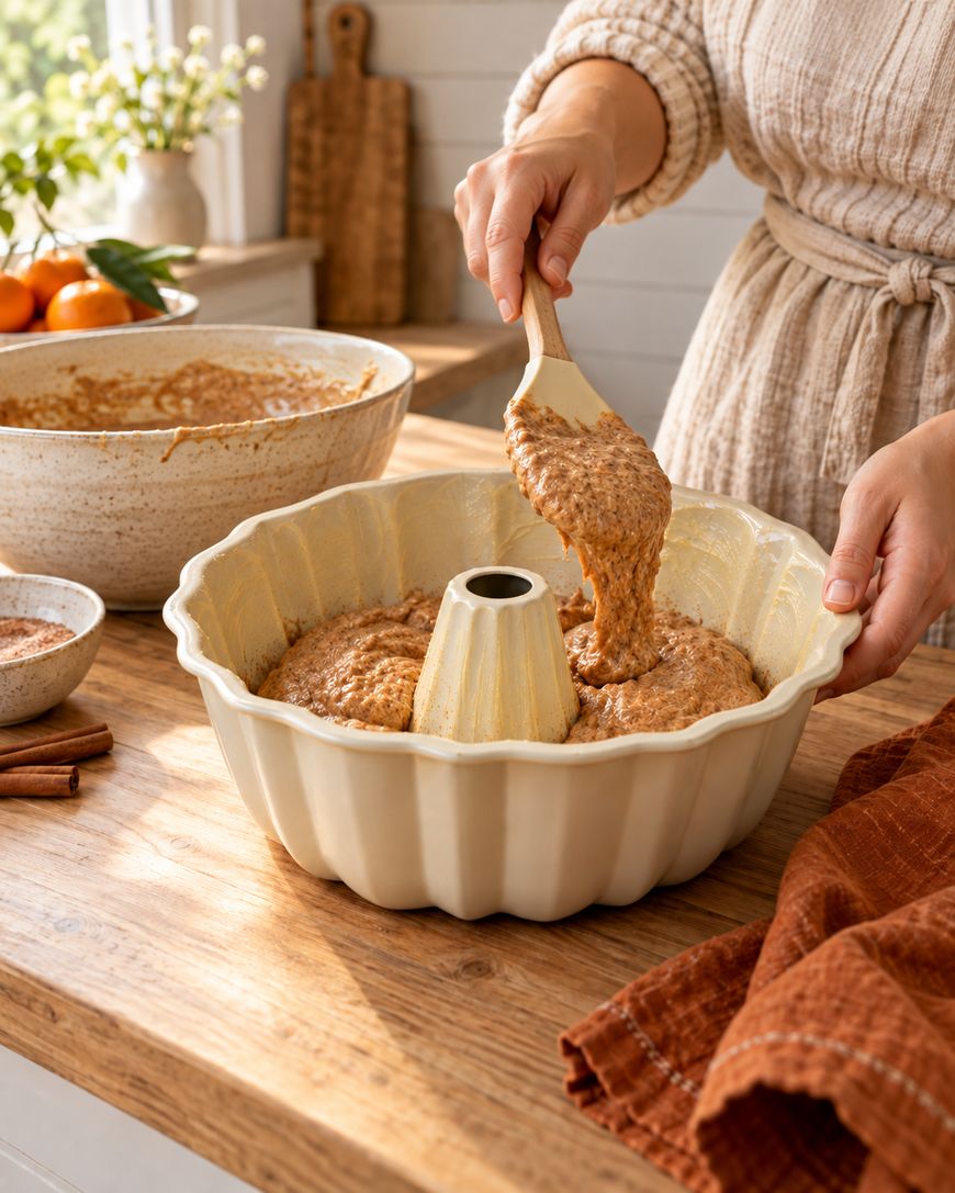 A person in a beige dress pours cake batter into a bundt pan on a wooden counter, with a mixing bowl and oranges in the background.