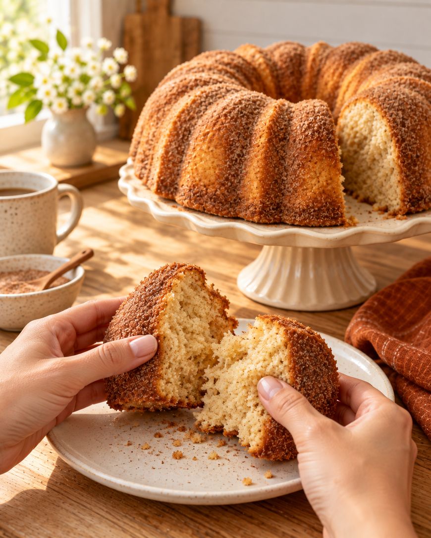 Two hands pull apart a slice of cinnamon bundt cake on a plate, with the rest of the cake on a stand, coffee, and a vase of flowers in the background.