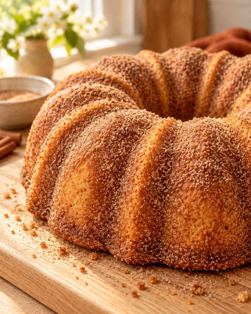 A cinnamon sugar Bundt cake sits on a wooden cutting board, with a small bowl of cinnamon sugar and flowers blurred in the background.