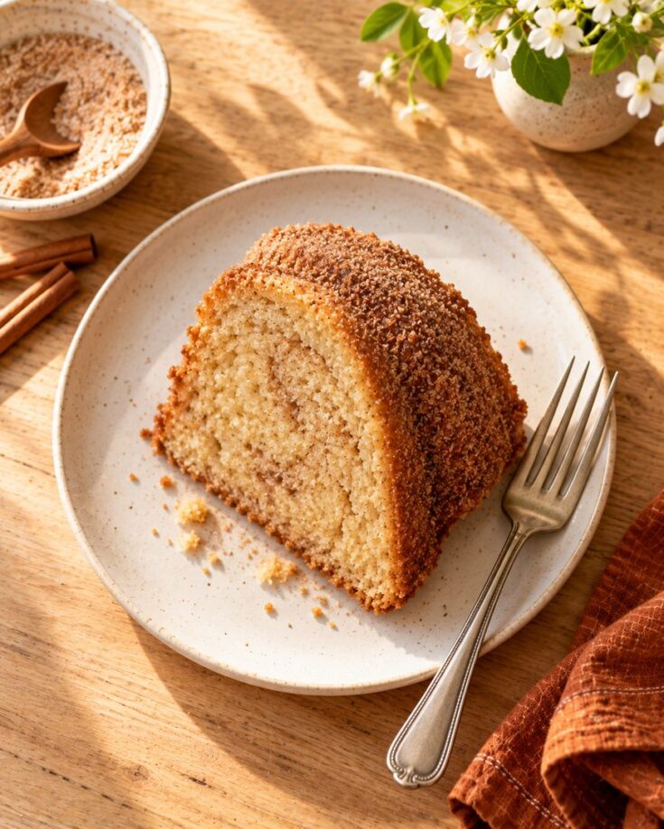 A slice of cinnamon coffee cake with a crumb topping sits on a plate with a fork. Nearby are a bowl of crumbs, cinnamon sticks, a brown napkin, and a vase of white flowers.