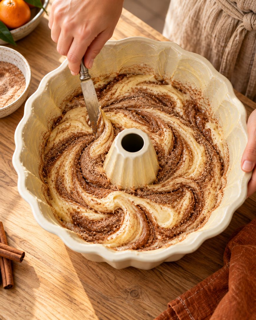 A person swirls cinnamon and sugar into coffee cake batter in a bundt pan using a butter knife on a wooden table.