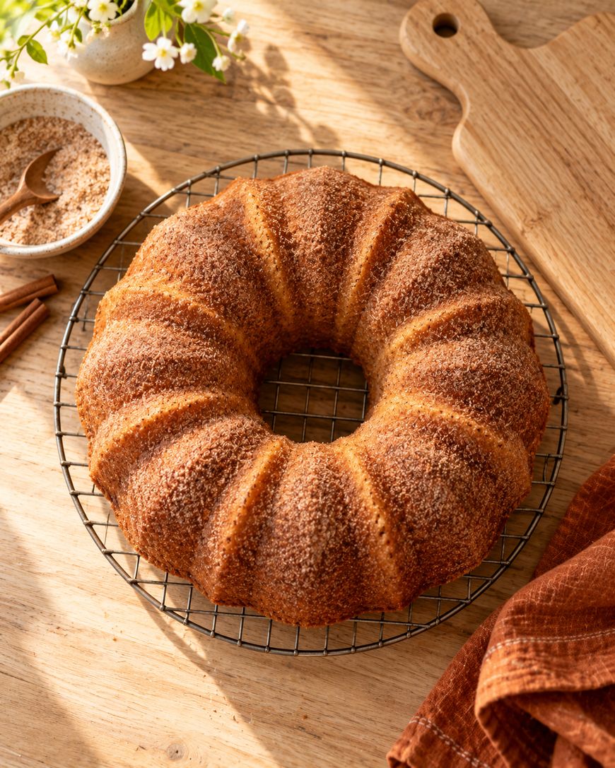 A golden brown bundt cake sits on a wire rack atop a wooden surface, with a bowl of cinnamon sugar, cinnamon sticks, a cutting board, and a brown napkin nearby. Warm sunlight fills the scene.