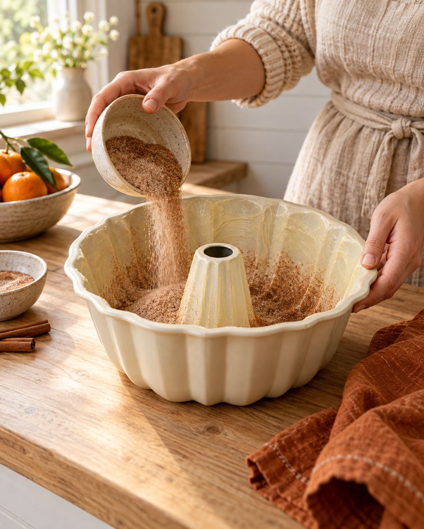 A person pours a bowl of cinnamon sugar mixture into a greased bundt cake pan in a cozy kitchen with sunlight streaming through a window.