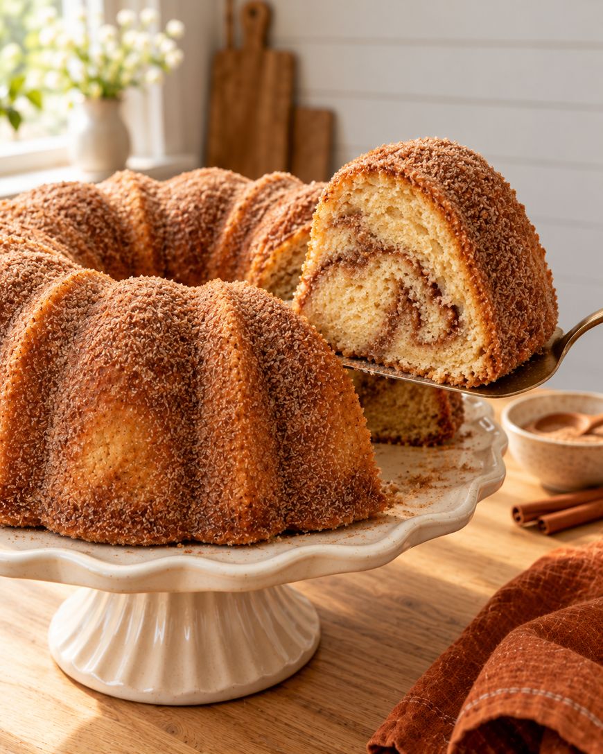 A cinnamon coffee cake with a crumb topping sits on a white cake stand; a slice with a visible cinnamon swirl is being lifted. Sunlight streams in from a nearby window.