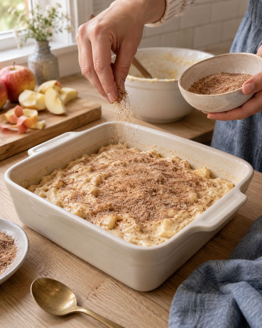 A person sprinkles cinnamon sugar over an unbaked apple dessert in a white baking dish on a wooden table, with apples and a mixing bowl in the background.