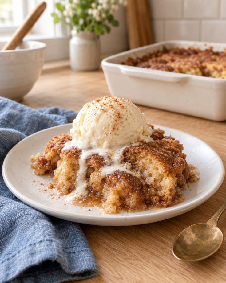 A plate of cinnamon crumb cake topped with melting vanilla ice cream, sprinkled with cinnamon. A baking dish of cake, a gold spoon, and a blue napkin are nearby on a wooden table.