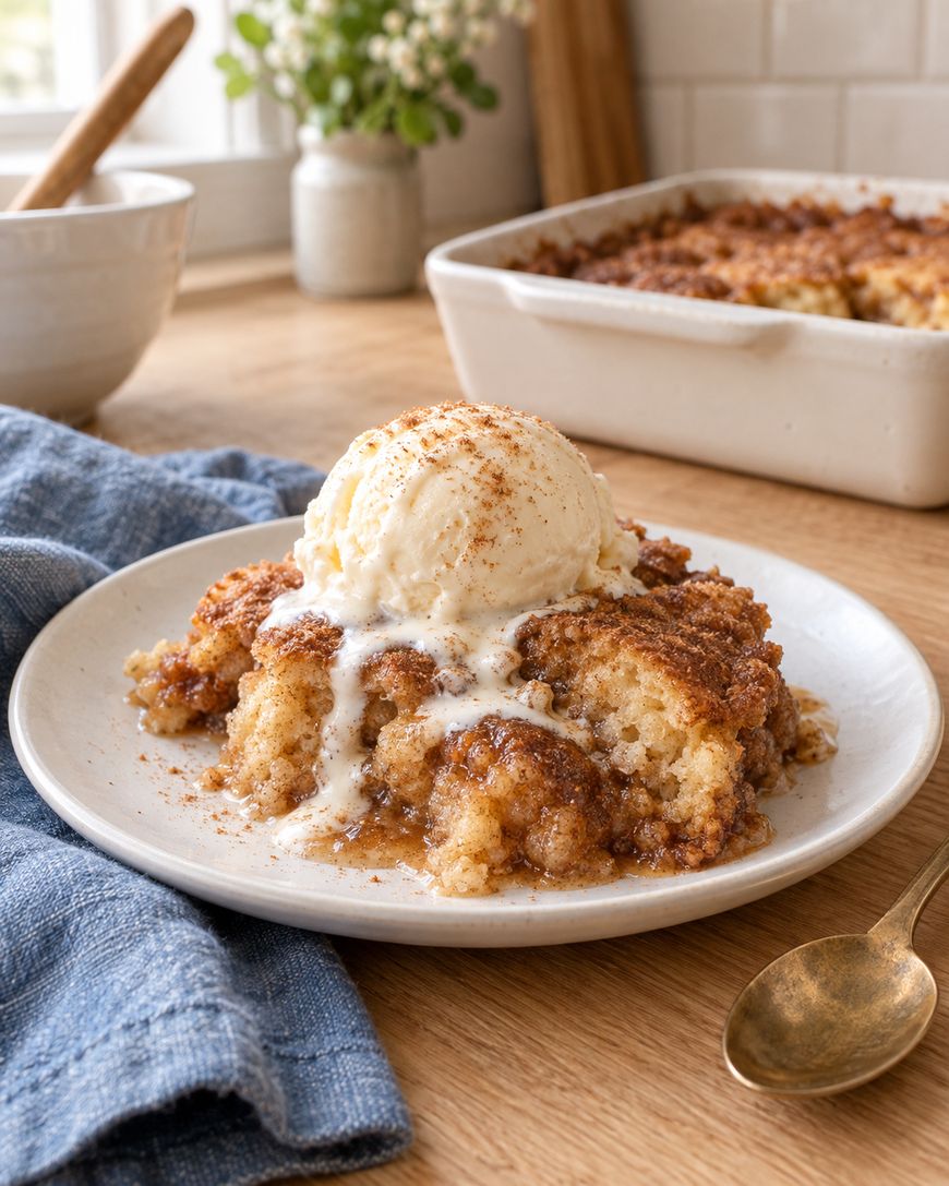 A plate of cinnamon crumb cake topped with melting vanilla ice cream, sprinkled with cinnamon. A baking dish of cake, a gold spoon, and a blue napkin are nearby on a wooden table.