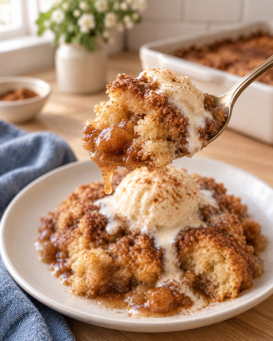 A spoonful of warm apple cobbler with cinnamon and syrup is held above a plate topped with a scoop of melting vanilla ice cream; a baking dish and flowers are in the background.