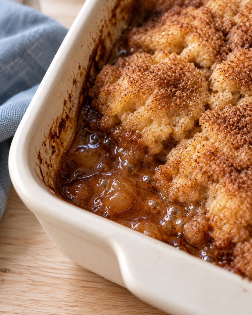 A close-up of a baked fruit cobbler in a white dish, with golden-brown, crumbly topping and bubbling fruit filling visible along the edges. A blue cloth is partially seen in the background.
