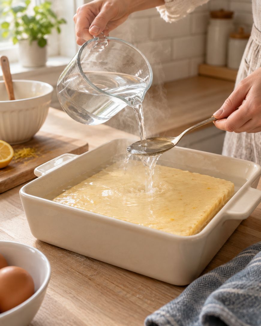 A person pours hot water from a glass measuring cup over a lemon dessert in a white baking dish, using a spoon to guide the water. Kitchen items and ingredients are in the background.