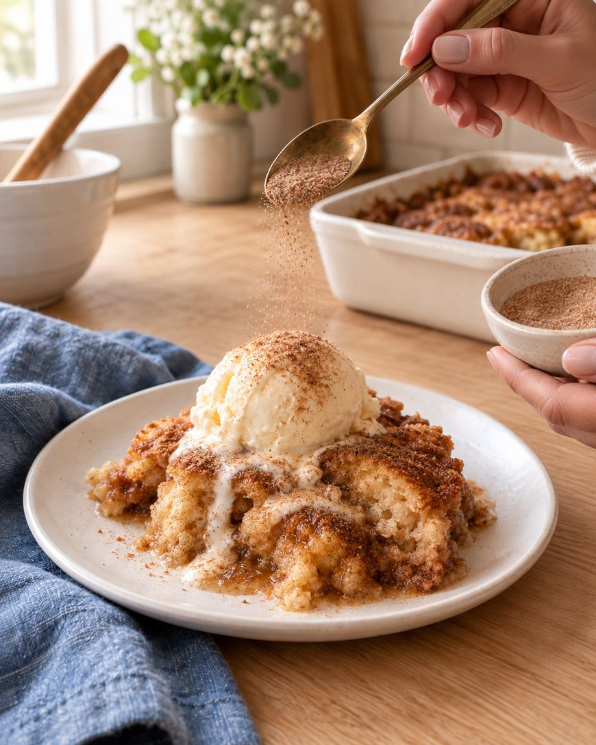 A hand sprinkles cinnamon sugar over a plate of warm cobbler topped with melting vanilla ice cream. A baking dish and a blue napkin are on a wooden table by a window with flowers in the background.