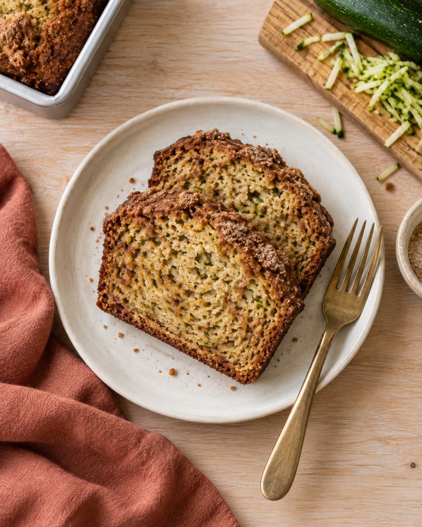 Two slices of zucchini bread on a white plate with a gold fork beside them. A red cloth, shredded zucchini, and part of a loaf in a baking pan are also visible.