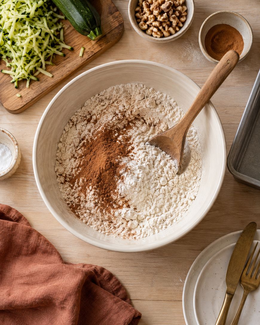 A mixing bowl with flour and cinnamon, a wooden spoon, shredded zucchini on a cutting board, walnuts, cinnamon, and baking ingredients on a wooden table, viewed from above.