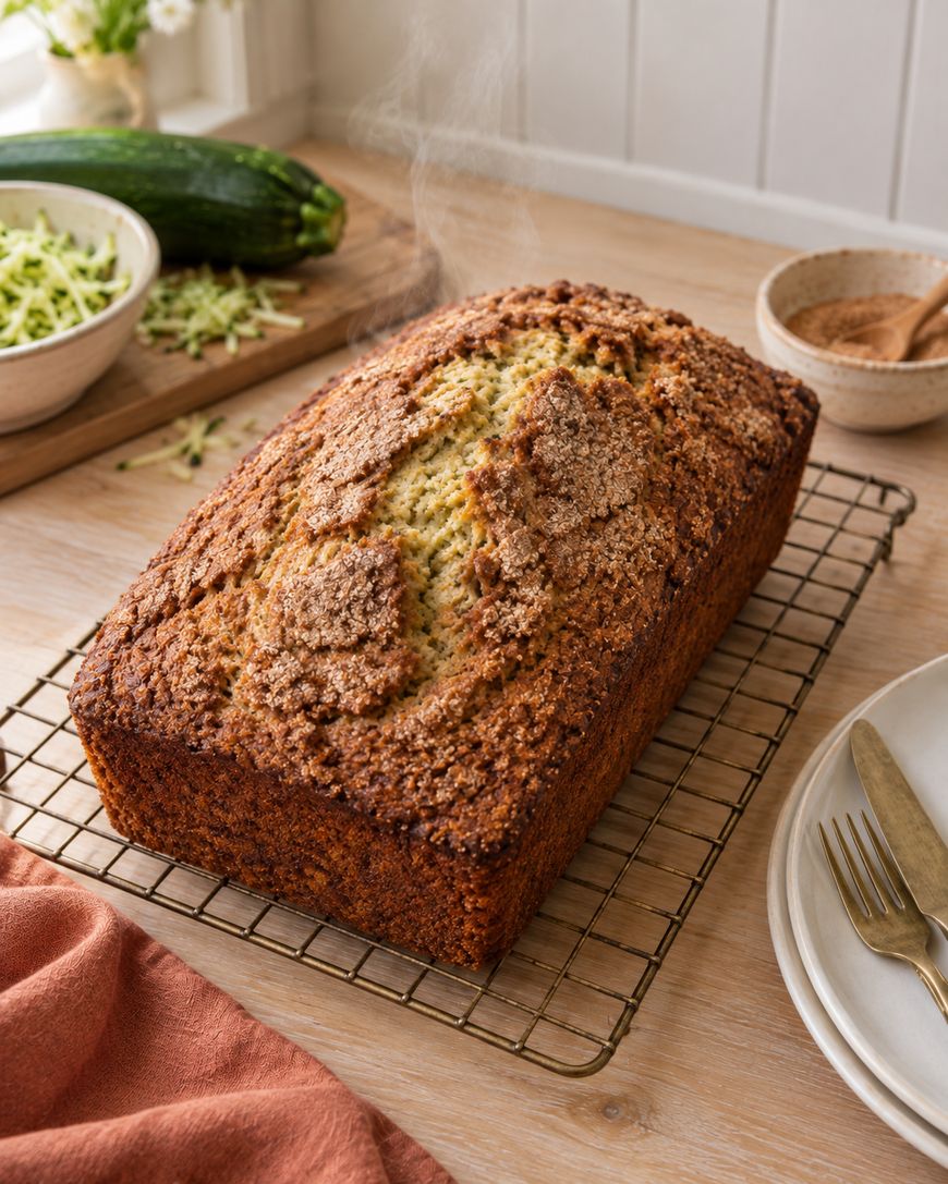A loaf of zucchini bread with a crumbly top cools on a wire rack beside plates, utensils, a napkin, and a chopped zucchini on a cutting board. Steam rises from the fresh bread.