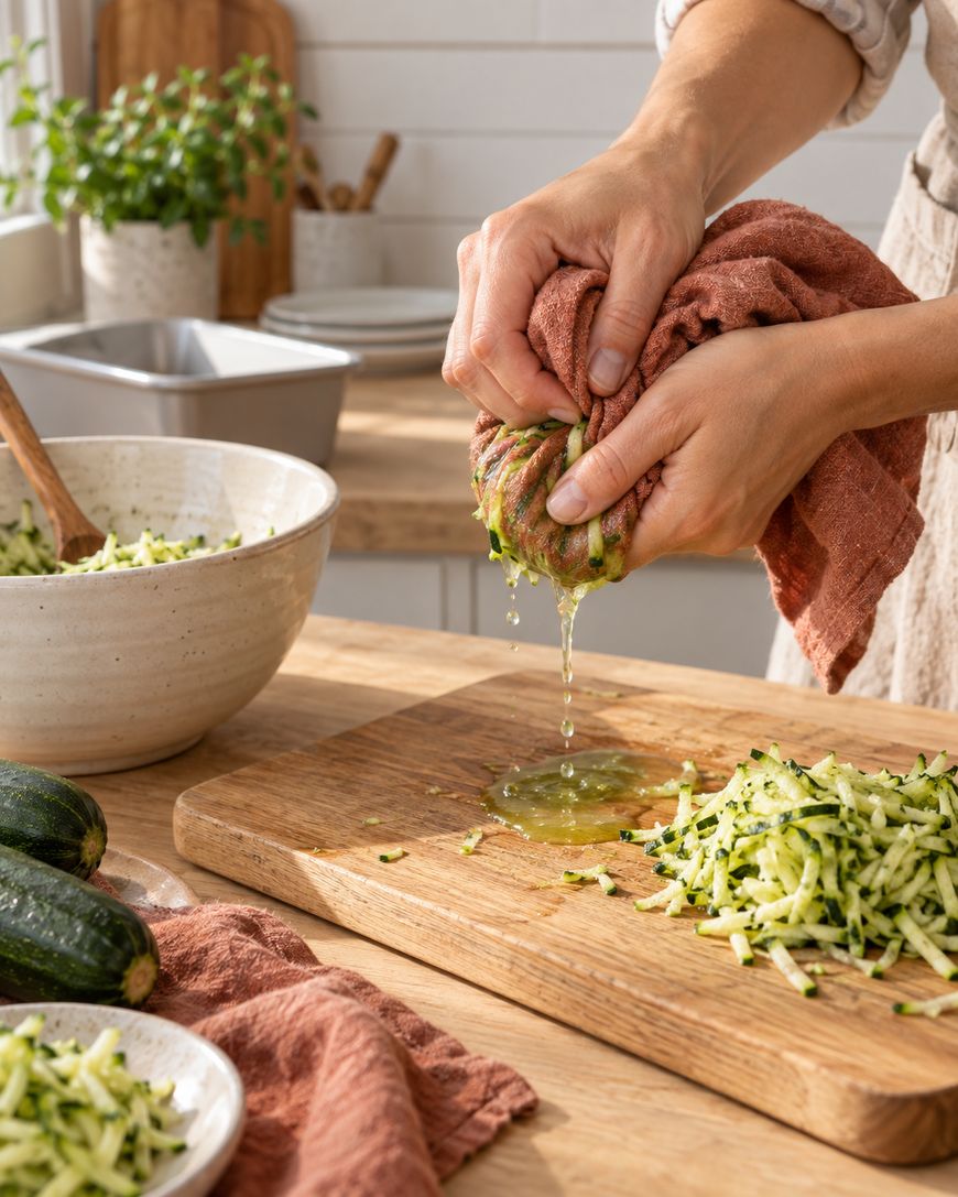 Hands squeezing shredded zucchini in a cloth over a cutting board, extracting liquid. Grated zucchini, whole zucchinis, and a mixing bowl are on the wooden countertop in a sunlit kitchen.