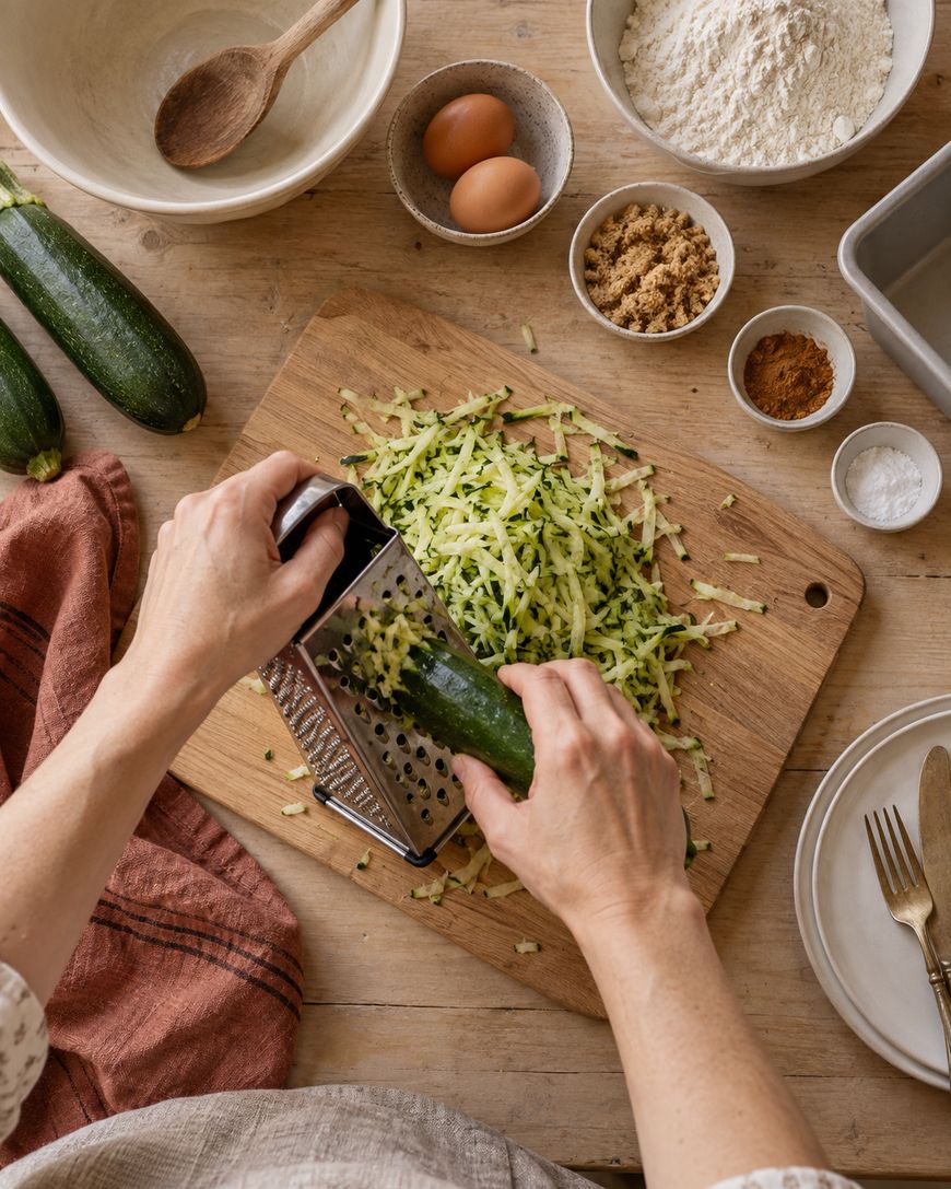Hands grating zucchini on a wooden board, surrounded by bowls of flour, eggs, brown sugar, cinnamon, baking powder, and a loaf pan on a wooden table, preparing ingredients for baking.