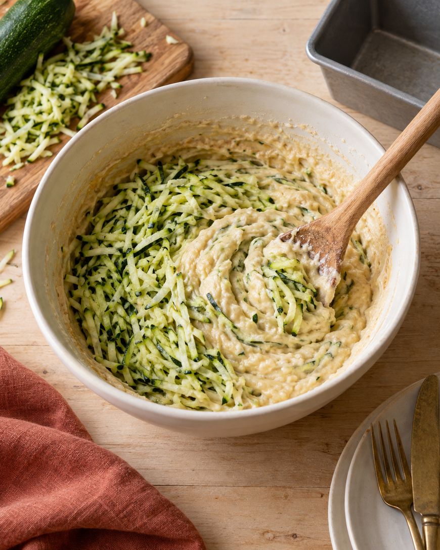 A bowl of zucchini bread batter with shredded zucchini being mixed in with a wooden spoon. Nearby are a loaf pan, grated zucchini on a cutting board, a red cloth, and stacked plates with forks.