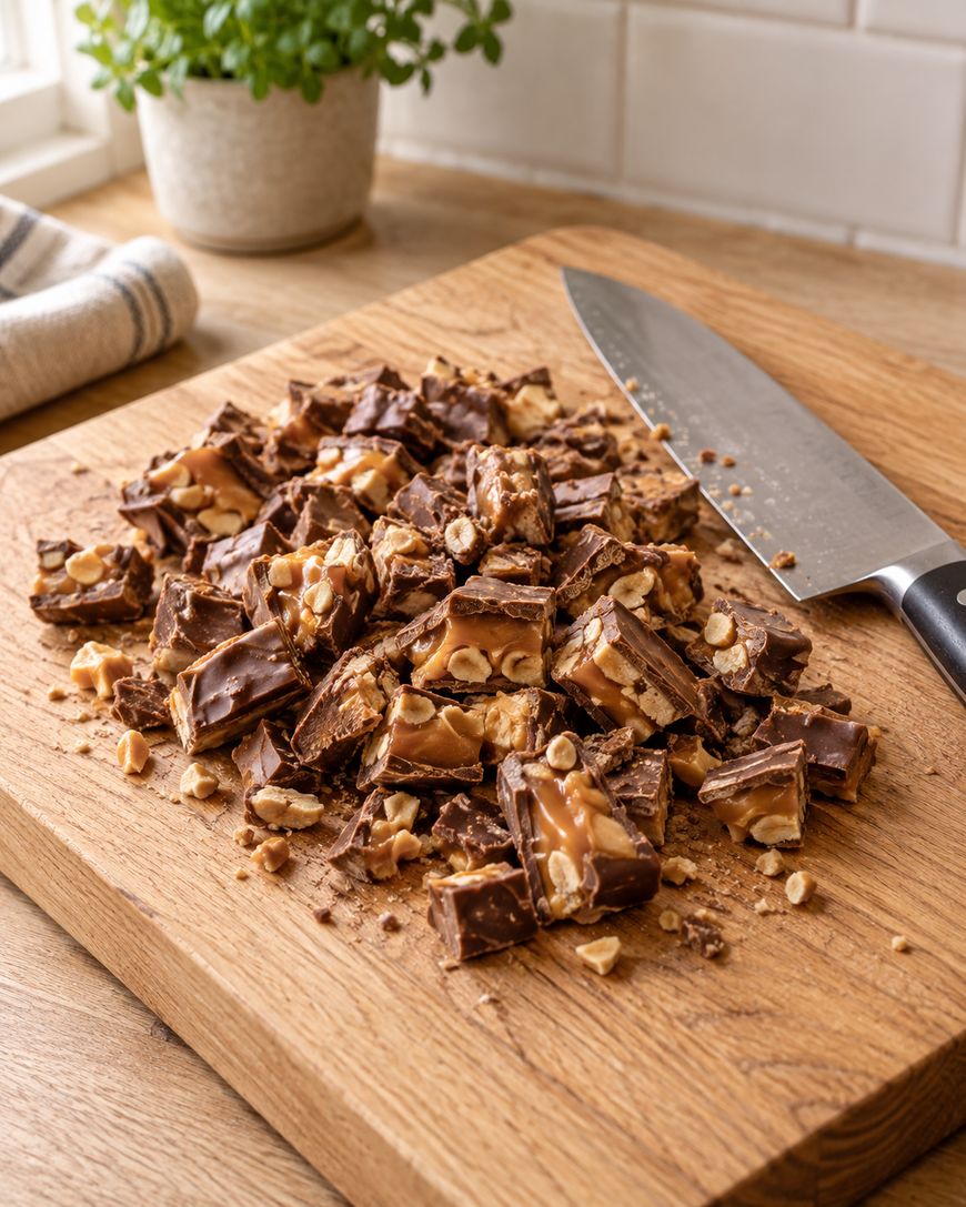 Chopped chocolate bars with peanuts and caramel on a wooden cutting board next to a large knife, with a potted plant in the background.
