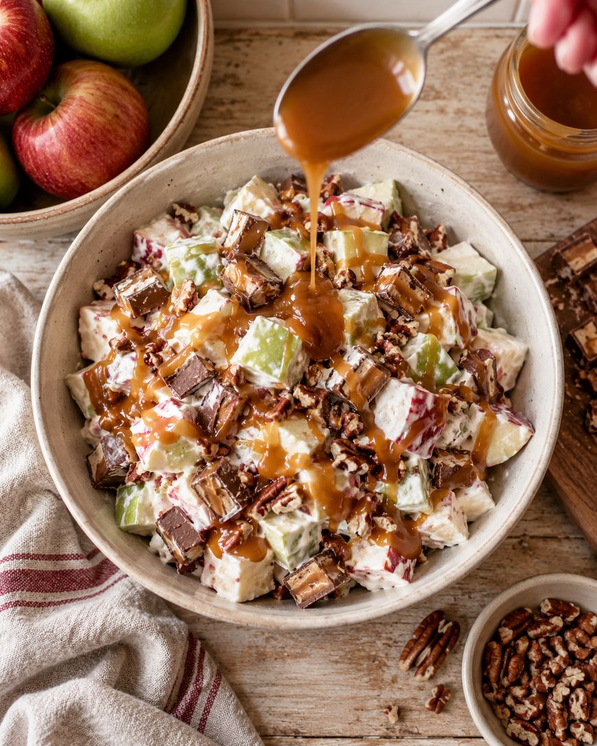 A bowl of caramel apple salad with chopped apples, nuts, and chocolate bars, drizzled with caramel sauce. A spoon pours more caramel on top. A jar of caramel, apples, and pecans are nearby on a rustic wooden table.