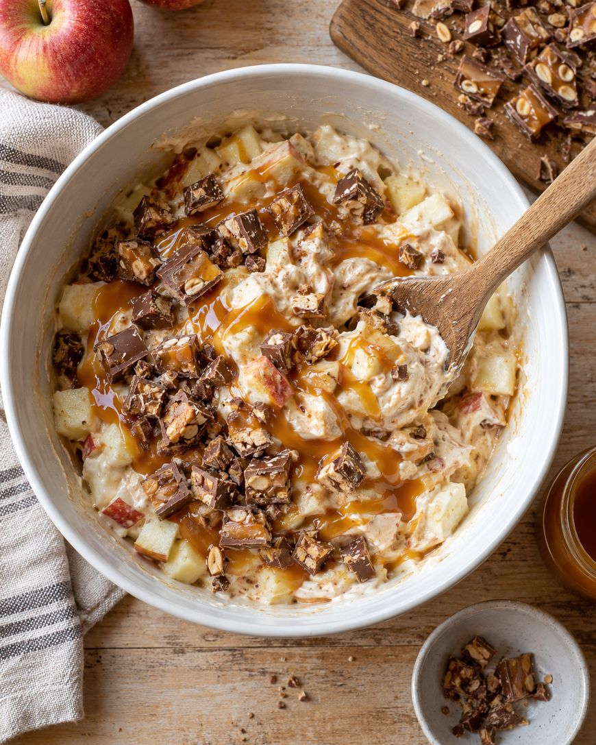 A bowl of creamy apple salad with chopped apples, chocolate, caramel drizzle, and oat pieces, stirred with a wooden spoon. An apple, napkin, and extra toppings are nearby.