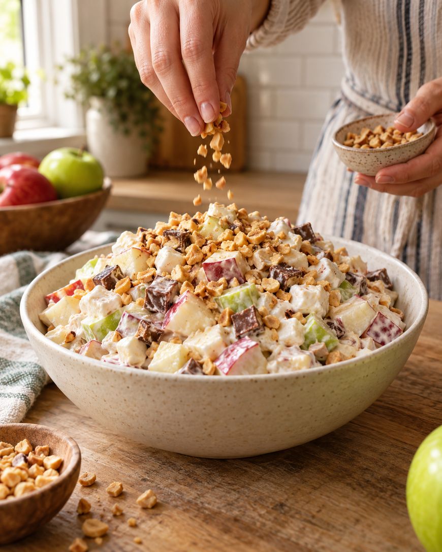A person sprinkles chopped nuts onto a large bowl of creamy apple salad with grapes and marshmallows on a wooden table, surrounded by fresh apples and a green towel.