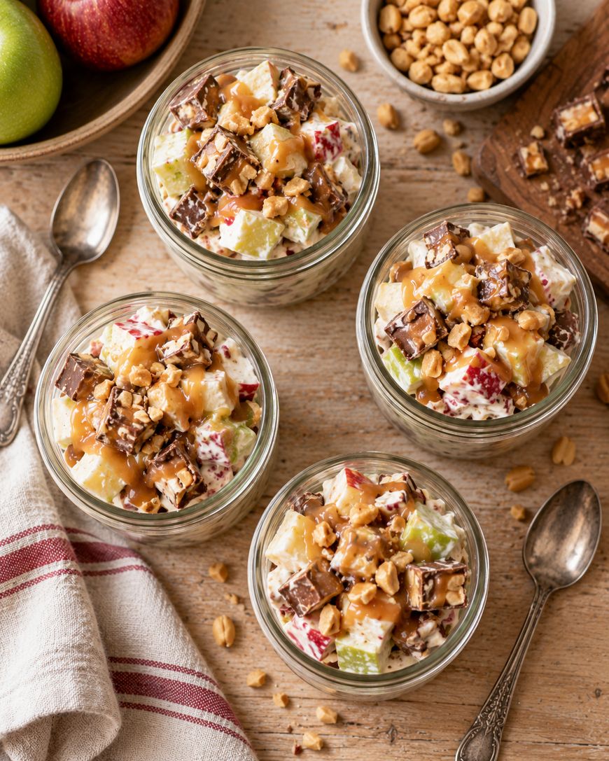 Four jars filled with a salad made of chopped apples, peanuts, and chocolate bars, topped with peanut butter and peanuts. Spoons, apples, a bowl of peanuts, and a napkin are arranged nearby on a wooden surface.