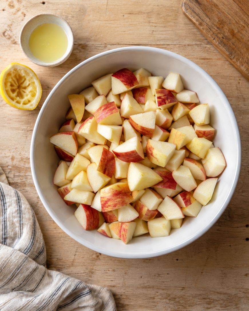 A white bowl filled with chopped red apples sits on a wooden surface next to a squeezed lemon half, a small bowl of lemon juice, and a striped cloth.