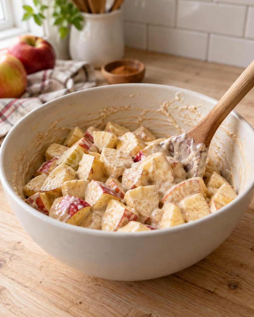 A white bowl filled with chopped apples and bananas mixed with a creamy dressing, with a wooden spoon resting inside. The bowl sits on a wooden countertop.