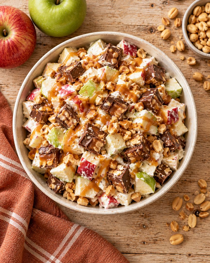 A bowl of apple salad with red and green apple chunks, peanuts, chocolate pieces, and caramel drizzle on a wooden table. Two apples, peanuts, and a rust-colored cloth are nearby.