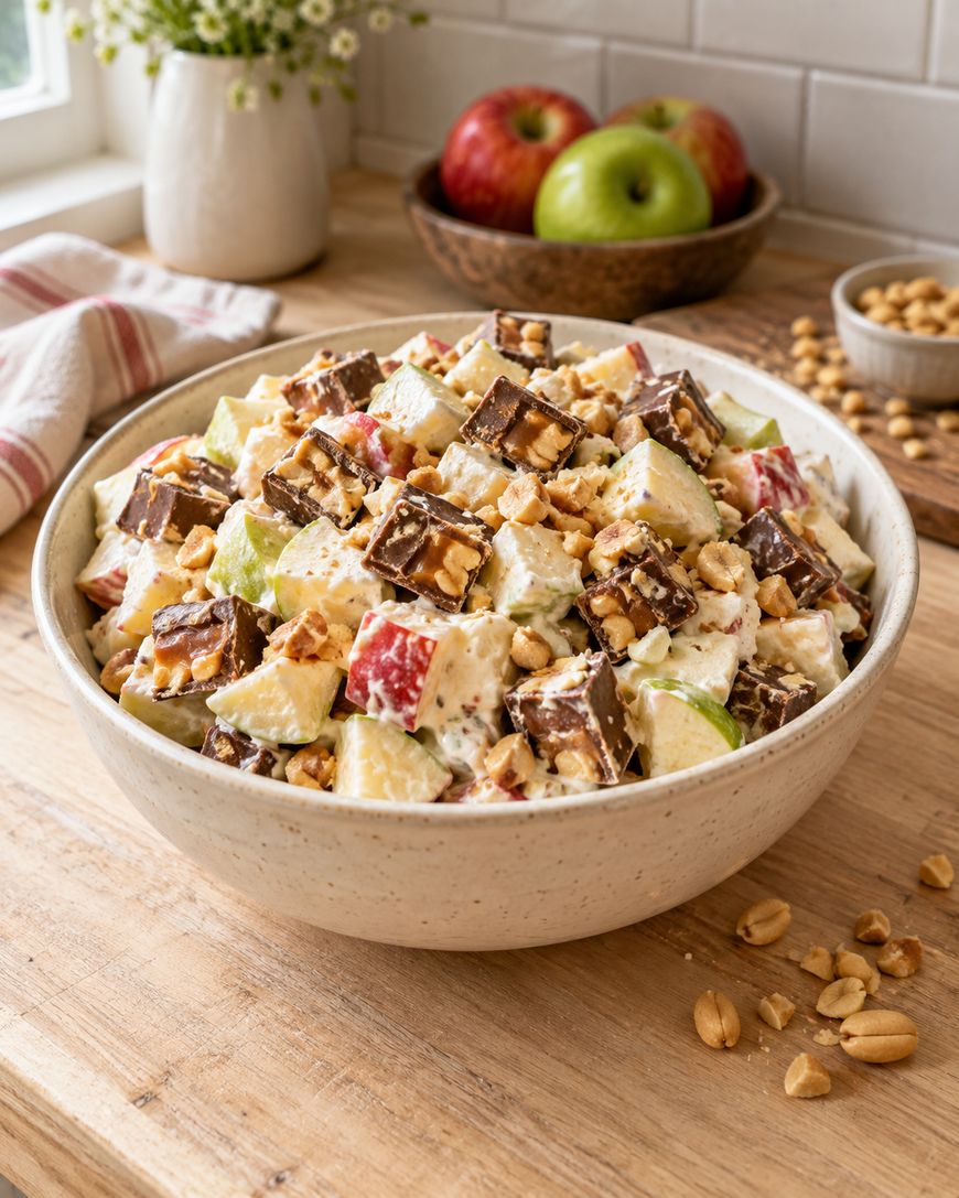 A bowl of creamy salad with chopped apples, pieces of chocolate candy bars, and peanuts on a wooden table. Apples, peanuts, and a towel are in the background.