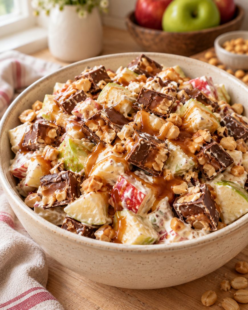 A bowl of salad made with chopped red and green apples, pieces of chocolate candy bars, peanuts, and caramel drizzle, set on a wooden table with apples and peanuts in the background.