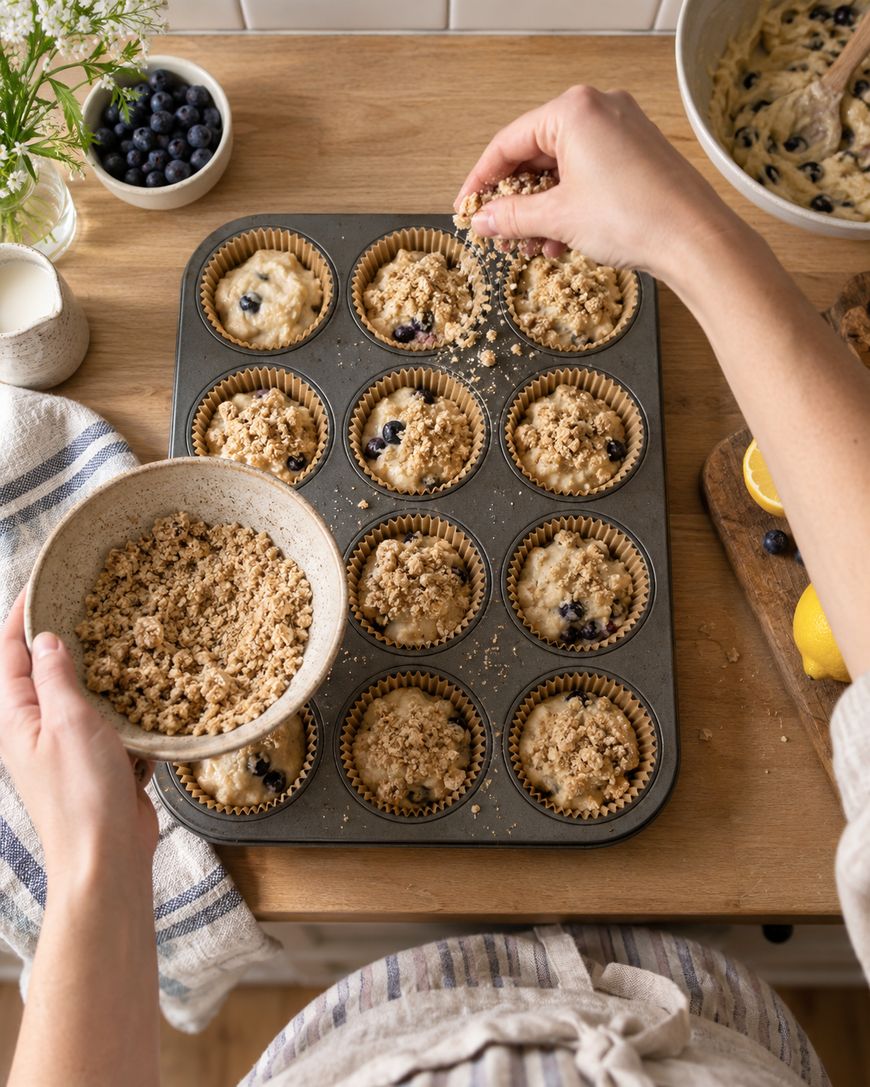 A person sprinkles crumb topping onto unbaked blueberry muffins in a muffin pan on a wooden counter, with ingredients and utensils nearby.
