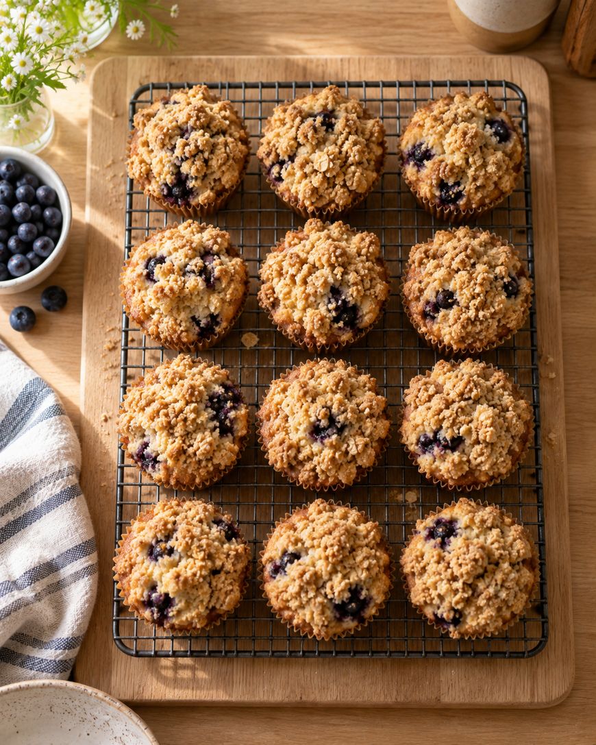 Twelve blueberry muffins with crumb topping on a cooling rack, set on a wooden surface with a bowl of blueberries, a striped towel, and a small flower arrangement nearby.