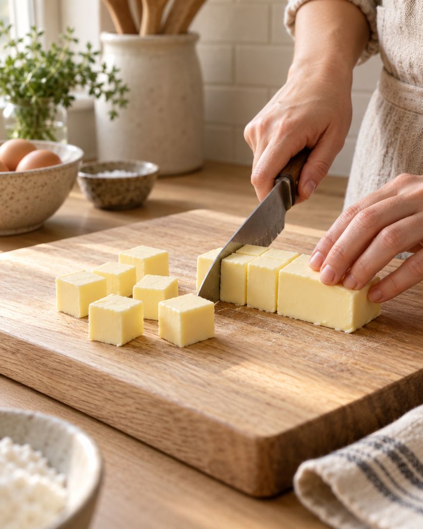 Person slicing butter into cubes on a wooden cutting board. Kitchen counter with eggs, a bowl, and herbs are visible in the background.