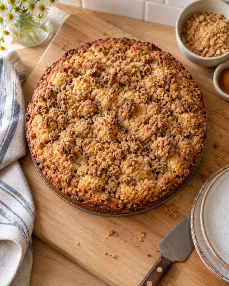 A round crumb cake with a golden streusel topping sits on a wooden board beside a striped towel, plates, serving utensil, and bowls of cinnamon and brown sugar.