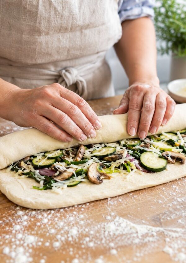 Person rolling dough filled with sliced vegetables and cheese on a floured wooden surface, preparing a savory bread or pastry. A bowl and herbs are blurred in the background.