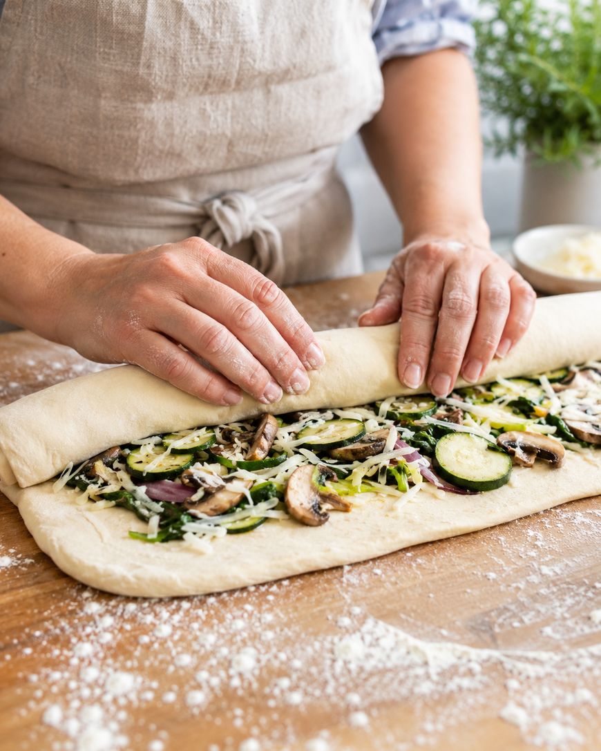 Hands rolling dough filled with mushrooms, zucchini, and cheese for vegetable garden stromboli.