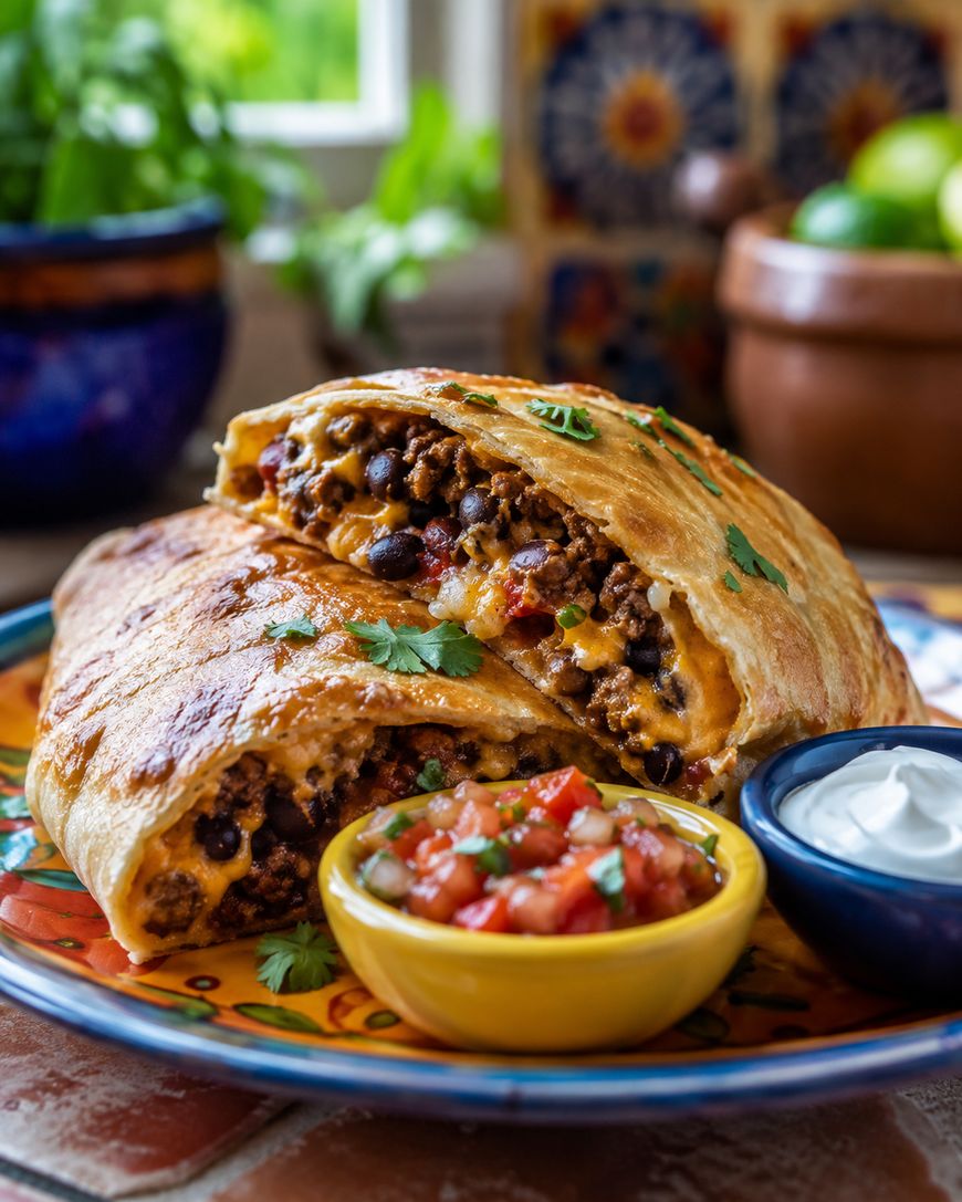 Sliced taco stromboli with beef and black beans, served with salsa and sour cream.