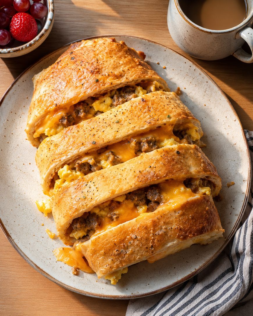 Sliced breakfast stromboli with eggs, sausage, and cheddar cheese on a plate.