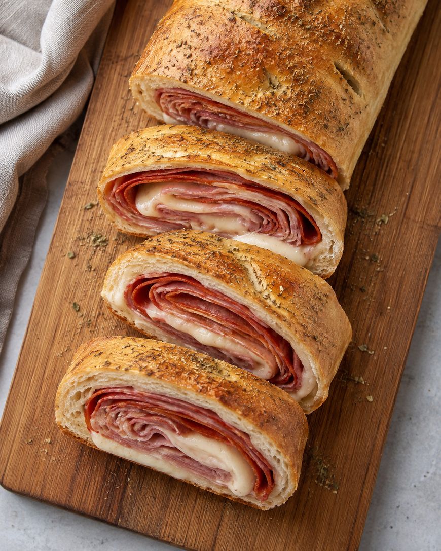 Sliced classic Italian deli stromboli with ham and salami on a wooden board.