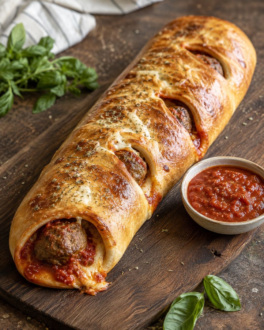 Sliced meatball and marinara stromboli with a bowl of marinara sauce.