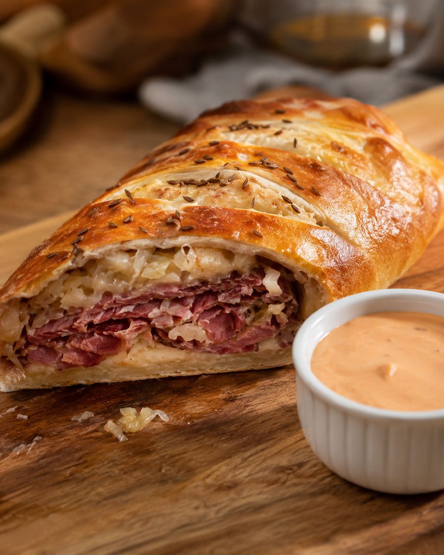 Sliced Reuben-style stromboli with corned beef and sauerkraut, served with dressing.