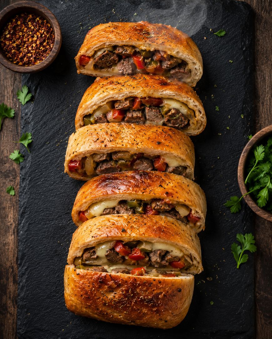Sliced steak and pepper stromboli on a dark slate board with red pepper flakes.