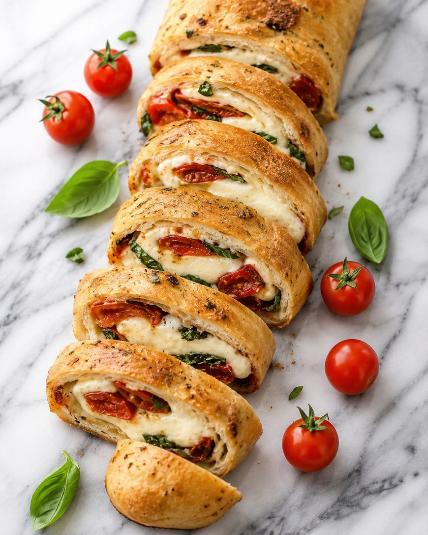 Sliced caprese stromboli with tomatoes and basil on a marble surface.