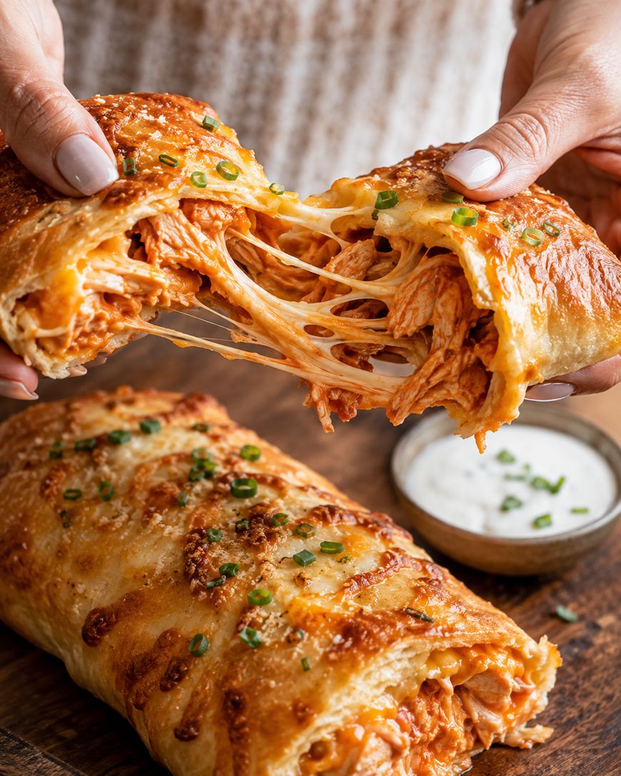 Hands pull apart a cheesy buffalo chicken stromboli with a bowl of dipping sauce.
