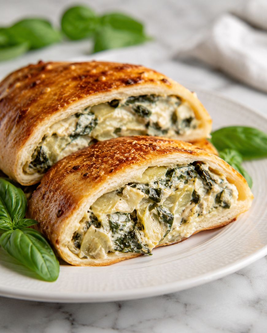 Sliced spinach and artichoke stuffed stromboli garnished with fresh basil on a marble surface.